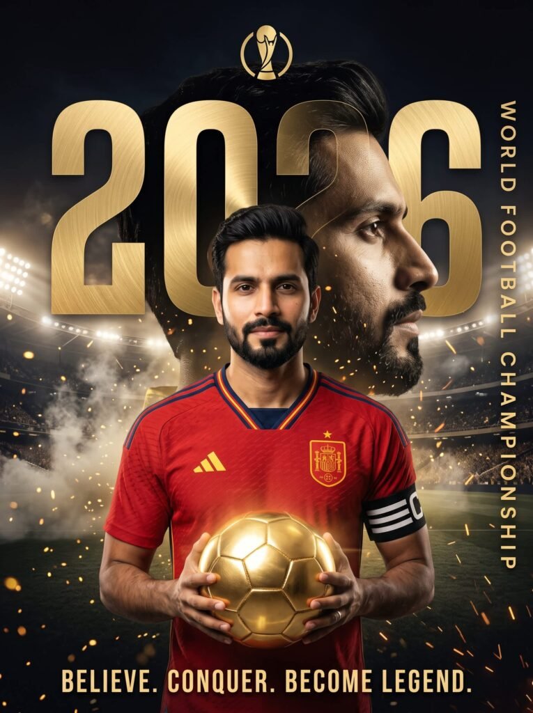 Golden Captain AI football poster created with Nano Banana Gemini prompts, glowing gold ball and captain armband